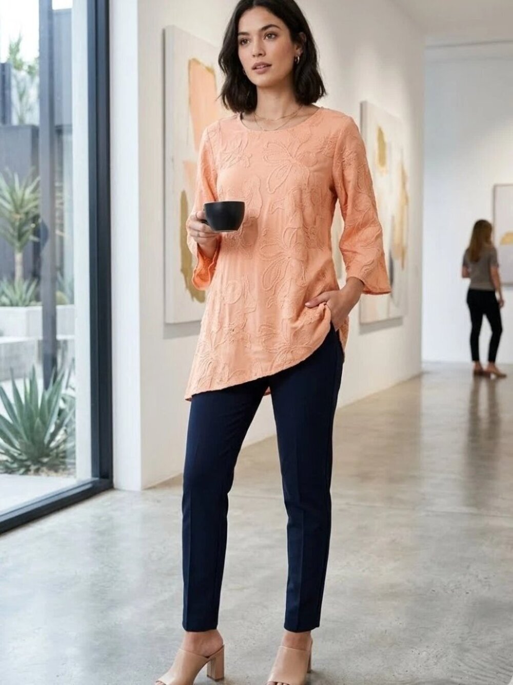 Soft Surroundings Women Size M Peach Cecile Asymmetrical Floral Embroidered Top